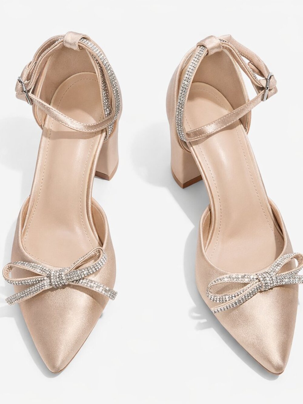 Champagne Satin Heels with Rhinestone Bow | Elegant Ankle‑Strap Block Heel SZ 6